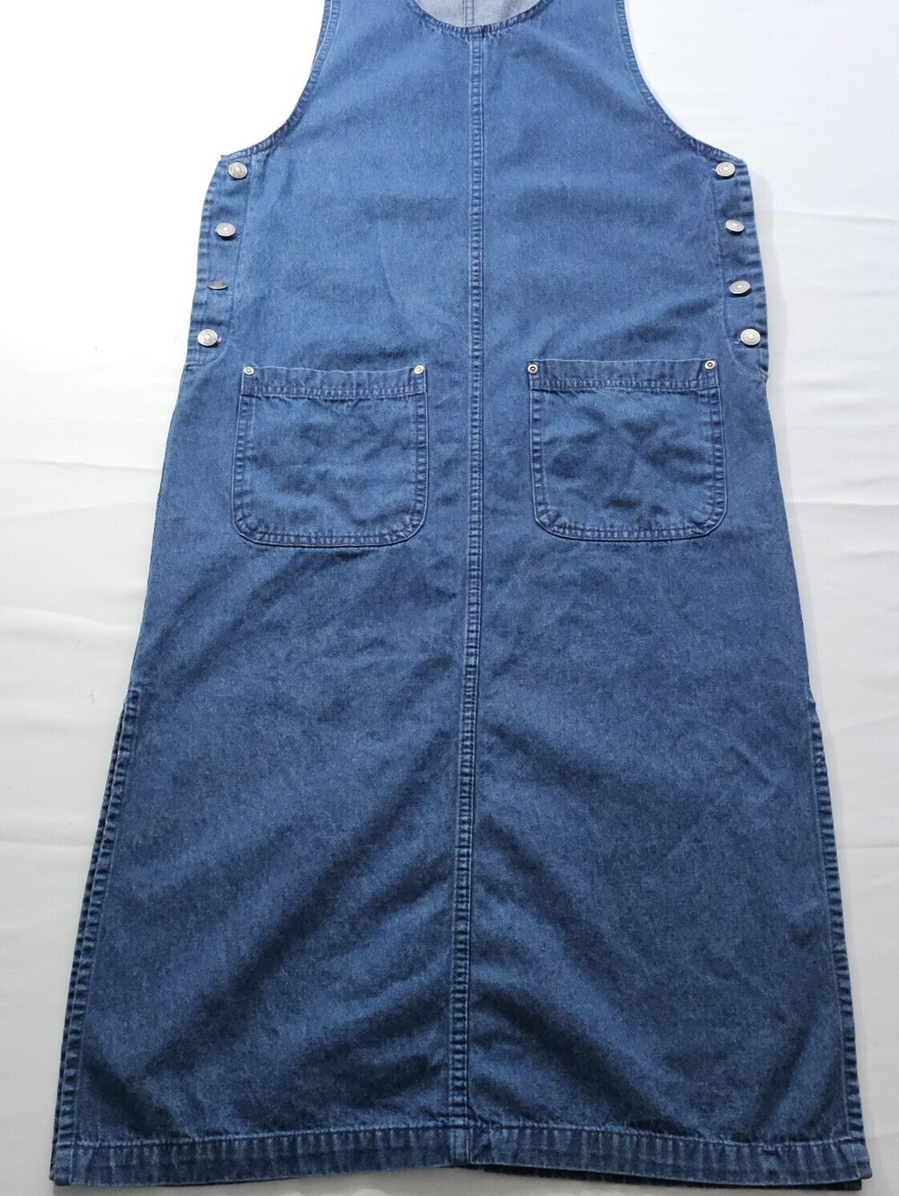 Vtg Zoey & Beth Denim Jumper Dress Women's Medium Blue Button Side Midi Pockets